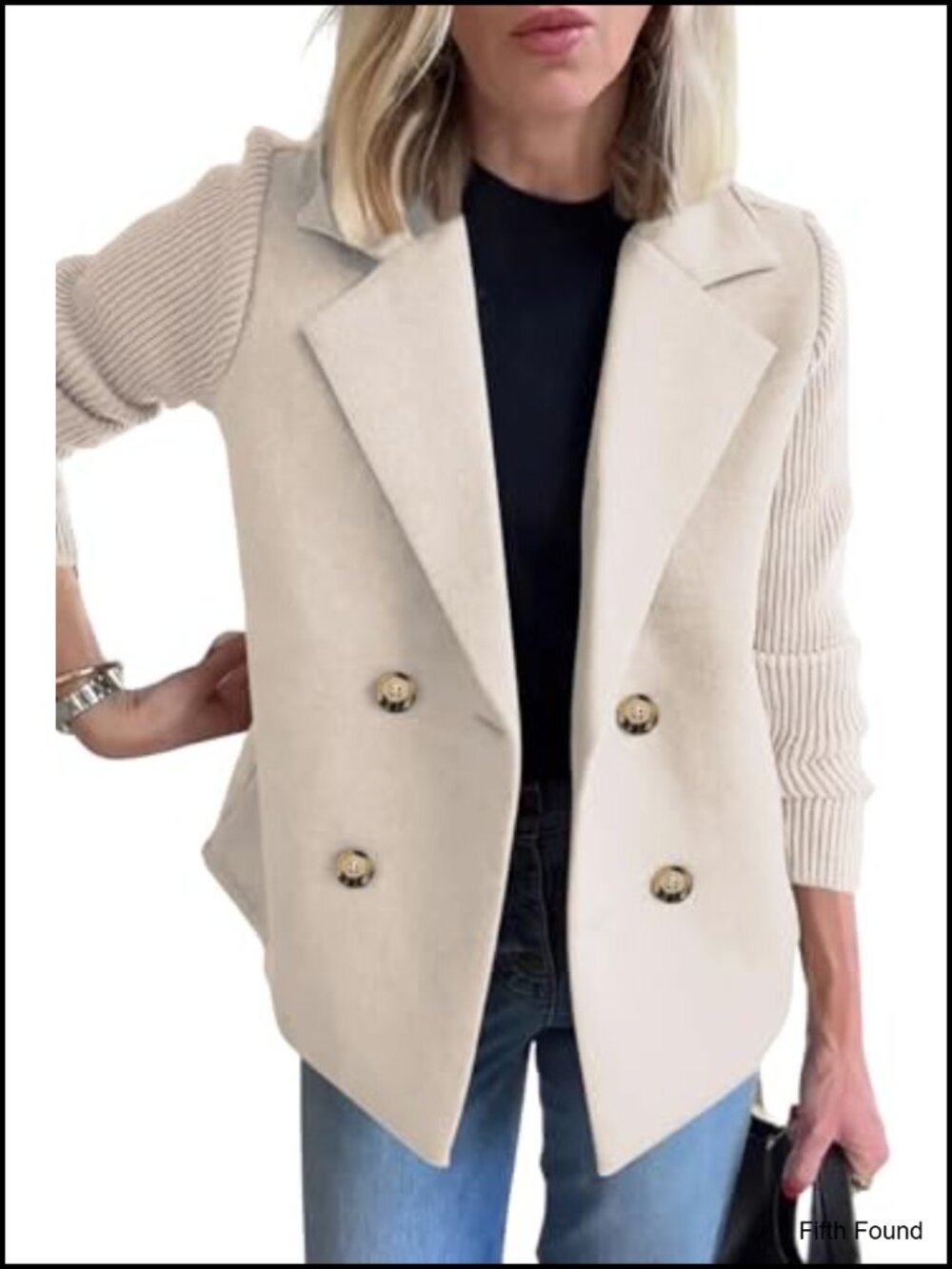 Women's Double Breasted Wool Pea Coat Notched Lapel Ribbed Knit Long Sleeve